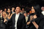 10 September 2011; Carl Frampton manager Barry McGuigan and his wife Sandra, right and Carl Frampton's fiance Christine Dorrian, at ringside during Carl Frampton's vacant Commonwealth Super Bantamweight bout against Mark Quon. WBA World Light-Welterweight Championship Eliminator, Undercard, Carl Frampton v Mark Quon, Odyssey Arena, Belfast, Co. Antrim. Picture credit: Oliver McVeigh / SPORTSFILE