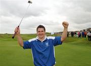 15 September 2011; Colm Campbell, junior, Warrenpoint Golf Club, Co. Down, celebrates on the 18th Green after winning the Barton Shield Final against Tramore Golf Club, Co Waterford. Chartis Cups and Shields Finals 2011, Castlerock Golf Club, Co. Derry. Picture credit: Oliver McVeigh/ SPORTSFILE