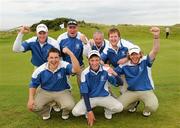 15 September 2011; The Warrenpoint Golf Club, Co. Down, team, back row, from left to right, Paul Reavey, Peter Kenny, team captain, Colm Campbell, senior and David Barron. Front row, from left to right, Colm Campbell, junior, Stephen Coulter and Ryan Gribben, celebrate on the 18th green after winning the Barton Shield Final against Tramore Golf Club, Co. Waterford. Chartis Cups and Shields Finals 2011, Castlerock Golf Club, Co. Derry. Picture credit: Oliver McVeigh/ SPORTSFILE