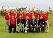 15 September 2011: Chartis Cups and Shields National Finals: Mitchelstown Golf Club, winners of the Irish Junior Cup 2011, back row left to right: Adrian Gamble, John Cahill, David Cahill, John Maguire, Clem Leonard, Sean Lane, Dave O’Connor, Jerry O’Riordan; front row left to right: Stephen Slattery (Team Captain), Kieran Casey (Club Captain), Simon Russell (Chartis Insurance Ireland), Eugene Fayne (President, Golfing Union of Ireland), Vincent McGuigan (Captain, Castlerock Golf Club). Chartis Cups and Shields Finals 2011, Castlerock Golf Club, Co. Derry. Picture credit: Oliver McVeigh/ SPORTSFILE