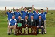 15 September 2011: Warrenpoint Golf Club, winners of the Barton Shield 2011, back row left to right: Ryan Gribben, Paul Reavey, David Barron, Stephen Coulter, Colm Campbell Snr, Colm Campbell Jnr; front row, left to right: Peter Kenny (Team Captain), Peter Fitzsimons (Club Captain), Simon Russell (Chartis Insurance Ireland), Eugene Fayne (President, Golfing Union of Ireland), Vincent MCGuigan (Captain, Castlerock Golf Club). Chartis Cups and Shields Finals 2011, Castlerock Golf Club, Co. Derry. Picture credit: Oliver McVeigh/ SPORTSFILE