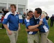15 September 2011; David Barron, left, Ryan Gribben and Colm Campbell junior, Warrenpoint Golf Club, Co. Down, celebrate on the 18th Green after winning the Barton Shield Final against Tramore Golf Club, Co Waterford. Chartis Cups and Shields Finals 2011, Castlerock Golf Club, Co. Derry. Picture credit: Oliver McVeigh/ SPORTSFILE