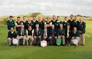 16 September 2011: Woodstock Golf Club, winners of the Pierce Purcell Shield at the Chartis All-Ireland Cups and Shields 2011 at Castlerock Golf Club, back row, left to right, Brian Mulcahy, James McMahon, Shane Fitzgerald, Ollie McNamara, Mike Kelly, Michael O’Brien, Robert Dormer, Liam McInerney, Martin Dormer, Michael Talty, Frank Doherty, Tom Hehir, Declan Coote, Tom Dormer. Front row, left to right, Rory Callinan, Jimmie Kelly, club president, Eugene Quinn, club captain, Eoin O’Laughlin, team captain, Eugene Fayne, President Golfing Union of Ireland, Simon Russell, Chartis Insurance Ireland, Vincent McGuigan, captain, Castlerock Golf Club, Joan Barrett, lady captain and Jason Considine. Chartis Cups and Shields Finals 2011, Castlerock Golf Club, Co. Derry. Picture credit: Oliver McVeigh / SPORTSFILE