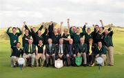 16 September 2011: Woodstock Golf Club, winners of the Pierce Purcell Shield at the Chartis All-Ireland Cups and Shields 2011 at Castlerock Golf Club, back row, left to right, Brian Mulcahy, James McMahon, Shane Fitzgerald, Ollie McNamara, Mike Kelly, Michael O’Brien, Robert Dormer, Liam McInerney, Martin Dormer, Michael Talty, Frank Doherty, Tom Hehir, Declan Coote, Tom Dormer. Front row, left to right, Rory Callinan, Jimmie Kelly, club president, Eugene Quinn, club captain, Eoin O’Laughlin, team captain, Eugene Fayne, President Golfing Union of Ireland, Simon Russell, Chartis Insurance Ireland, Vincent McGuigan, captain, Castlerock Golf Club, Joan Barrett, lady captain and Jason Considine. Chartis Cups and Shields Finals 2011, Castlerock Golf Club, Co. Derry. Picture credit: Oliver McVeigh / SPORTSFILE