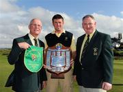 16 September 2011; Eugene Quinn, club captain, Eoghan O'Loughlin, team captain, and Jimmy Kelly, club president, Woodstock Golf Club, Co. Clare, with the Pierce Purcell Shield after winning the Final against Corrstown Golf Club, Co. Dublin. Chartis Cups and Shields Finals 2011, Castlerock Golf Club, Co. Derry. Picture credit: Oliver McVeigh/ SPORTSFILE