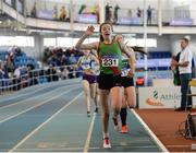1 April 2017; Saoirse O'Brien of Westport AC, Co Mayo, on their way to winning the U16 Girl's 800m event during the Irish Life Health Juvenile Indoor Championships 2017 day 3 at the AIT International Arena in Athlone, Co. Westmeath. Photo by Sam Barnes/Sportsfile