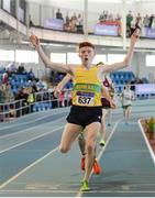 1 April 2017; Ruarcan O'Gibne of Boyne AC, Co Louth, celebrates winning the U18 Boy's 800m event during the Irish Life Health Juvenile Indoor Championships 2017 day 3 at the AIT International Arena in Athlone, Co. Westmeath. Photo by Sam Barnes/Sportsfile