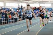 1 April 2017; Cormac O'Rourke of Lagan Valley AC, Con Atrim, on their way to winning the U17 Boy's 800m event during the Irish Life Health Juvenile Indoor Championships 2017 day 3 at the AIT International Arena in Athlone, Co. Westmeath. Photo by Sam Barnes/Sportsfile