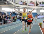 1 April 2017; Ruarcan O'Gibne of Boyne AC, Co Louth, celebrates winning the U18 Boy's 800m event during the Irish Life Health Juvenile Indoor Championships 2017 day 3 at the AIT International Arena in Athlone, Co. Westmeath. Photo by Sam Barnes/Sportsfile
