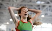 1 April 2017; Saoirse O'Brien of Westport AC, Co Mayo, after winning the U16 Girl's 800m event during the Irish Life Health Juvenile Indoor Championships 2017 day 3 at the AIT International Arena in Athlone, Co. Westmeath. Photo by Sam Barnes/Sportsfile