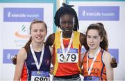 1 April 2017; U16 Girl's 200m medallists, from left, Caoimhe Cronin of Le Cheile AC, Co Kildare, bronze, Rhasidat Adeleke of Tallaght AC, Co Dublin, gold, and Niamh Foley of St Mary's AC, Co Limerick, silver, during the Irish Life Health Juvenile Indoor Championships 2017 day 3 at the AIT International Arena in Athlone, Co. Westmeath. Photo by Sam Barnes/Sportsfile