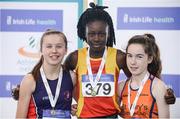 1 April 2017; U16 Girl's 200m medallists, from left, Caoimhe Cronin of Le Cheile AC, Co Kildare, bronze, Rhasidat Adeleke of Tallaght AC, Co Dublin, gold, and Niamh Foley of St Mary's AC, Co Limerick, silver, during the Irish Life Health Juvenile Indoor Championships 2017 day 3 at the AIT International Arena in Athlone, Co. Westmeath. Photo by Sam Barnes/Sportsfile
