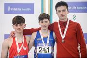 1 April 2017; U16 800m medallists, from left, Matthew Willis, City of Lisburn AC, Co Antrim, bronze, Cian McPhillips of Longford AC, Co Longford, gold, and Yanaengus Geraghty of Tallaght AC, Co Dublin, silver, during the Irish Life Health Juvenile Indoor Championships 2017 day 3 at the AIT International Arena in Athlone, Co. Westmeath. Photo by Sam Barnes/Sportsfile