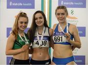 1 April 2017; U19 Girl's 200m medallists, from left, Emily Nolan of Ferrybank AC, Co Waterford, bronze, Aoife Lynch of Donore Harriers AC, Co Dublin, gold and Aoife Cloke-Rochford of Bree AC, Co Wexford, silver, during the Irish Life Health Juvenile Indoor Championships 2017 day 3 at the AIT International Arena in Athlone, Co. Westmeath. Photo by Sam Barnes/Sportsfile