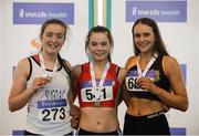 1 April 2017; U18 Girl's 200m medallists, from left, Lauren Cadden of Sligo AC, Co Sligo, bronze, Lauren Roy of City of Lisburn AC, Co Antrim, gold and Ciara Deely of Kilkenny City Harriers, Co Kilkenny, silver, during the Irish Life Health Juvenile Indoor Championships 2017 day 3 at the AIT International Arena in Athlone, Co. Westmeath. Photo by Sam Barnes/Sportsfile