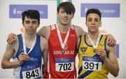 1 April 2017; U18 Boy's 200m medallists, from left, Eóin Kenny of Waterford AC, Co Waterford, bronze, David Murphy of Gowran AC, Co Kilkenny, gold, and  Joseph Finnegan Murphy of Dublin Striders AC, Co Dublin, silver, during the Irish Life Health Juvenile Indoor Championships 2017 day 3 at the AIT International Arena in Athlone, Co. Westmeath. Photo by Sam Barnes/Sportsfile