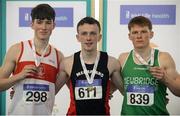 1 April 2017; U19 Boy's 200m medallists, from left, Jack Dempsey of Galway City Harriers, Co Galway, bronze, David McDonald of Menapians AC, Co Wexford, gold, and Luke Morris of Newbridge AC, Co Kildare, silver, during the Irish Life Health Juvenile Indoor Championships 2017 day 3 at the AIT International Arena in Athlone, Co. Westmeath. Photo by Sam Barnes/Sportsfile