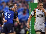 1 April 2017; Robbie Henshaw is congratulated by his Leinster team-mates Fergus McFadden, 22, after scoring his side's third try during the European Rugby Champions Cup Quarter-Final match between Leinster and Wasps at the Aviva Stadium in Dublin. Photo by Stephen McCarthy/Sportsfile