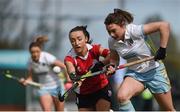 2 April 2017; Sara Twomey of UCD in action against Nicola Kerr of Cork Harlequins during the Irish Senior Ladies Hockey Cup Final match between UCD and Cork Harlequins at the National Hockey Stadium UCD in Belfield, Dublin. Photo by David Fitzgerald/Sportsfile