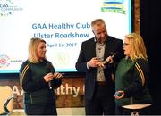 1 April 2017; GAA Healthy Club Ulster Roadshow- inspiring GAA clubs to become hubs for health. Pictured at the GAA Ulster Healthy Clubs Roadshow is (l-r) Castleblaney GAA members Louisa O'Brien, and Melissa Conlon along with MC Eóin Conroy. The GAA Healthy Clubs Project (HCP), in partnership with Irish Life and Healthy Ireland, aims to inspire and empower more GAA clubs to support their members and communities in pursuit of better physical, social, and mental wellbeing. The Ulster Healthy Club Roadshow is the final part of a series of roadshows that took place across the country since January 2017. For more information about the GAA’s HCP visit: www.gaa.ie/community. Follow: @officialgaa or Like: www.facebook.com/officialgaa/ GAA Healthy Club Roadshow - Ulster at Jordanstown Ulster University, in Belfast. Photo by Oliver McVeigh/Sportsfile