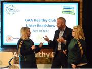 1 April 2017; GAA Healthy Club Ulster Roadshow- inspiring GAA clubs to become hubs for health.  Pictured at the GAA Ulster Healthy Clubs Roadshow is (l-r) Castleblaney GAA members Louisa O'Brien, and Melissa Conlon along with MC Eóin Conroy. The GAA Healthy Clubs Project (HCP), in partnership with Irish Life and Healthy Ireland, aims to inspire and empower more GAA clubs to support their members and communities in pursuit of better physical, social, and mental wellbeing.  The Ulster Healthy Club Roadshow is the final part of a series of roadshows that took place across the country since January 2017. For more information about the GAA’s HCP visit: www.gaa.ie/community. Follow: @officialgaa or Like: www.facebook.com/officialgaa/ GAA Healthy Club Roadshow - Ulster at Jordanstown Ulster University, in Belfast. Photo by Oliver McVeigh/Sportsfile