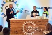 1 April 2017; GAA Healthy Club Ulster Roadshow- inspiring GAA clubs to become hubs for health.  Pictured at the GAA Ulster Healthy Clubs Roadshow is (l-r) Eóin Conroy MC,Anna Geary, former Cork Camogie captain, and  Aoise Gildea of St Marys GAA, Convoy, Co. Donegal. The GAA Healthy Clubs Project (HCP), in partnership with Irish Life and Healthy Ireland, aims to inspire and empower more GAA clubs to support their members and communities in pursuit of better physical, social, and mental wellbeing.  The Ulster Healthy Club Roadshow is the final part of a series of roadshows that took place across the country since January 2017. For more information about the GAA’s HCP visit: www.gaa.ie/community. Follow: @officialgaa or Like: www.facebook.com/officialgaa/ GAA Healthy Club Roadshow - Ulster at Jordanstown Ulster University, in Belfast. Photo by Oliver McVeigh/Sportsfile