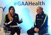 1 April 2017; GAA Healthy Club Ulster Roadshow- inspiring GAA clubs to become hubs for health. Pictured at the GAA Ulster Healthy Clubs Roadshow is (l-r) Aoife O’Brien GAA National Healty club co ordinator and Mickey Harte, manager of the Tyrone senior inter-county team. The GAA Healthy Clubs Project (HCP), in partnership with Irish Life and Healthy Ireland, aims to inspire and empower more GAA clubs to support their members and communities in pursuit of better physical, social, and mental wellbeing.  The Ulster Healthy Club Roadshow is the final part of a series of roadshows that took place across the country since January 2017. For more information about the GAA’s HCP visit: www.gaa.ie/community. Follow: @officialgaa or Like: www.facebook.com/officialgaa/ GAA Healthy Club Roadshow - Ulster at Jordanstown Ulster University, in Belfast. Photo by Oliver McVeigh/Sportsfile