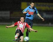 16 September 2011; Matthew Harkin, Derry City, in action against Sean Russell, UCD. 2011 Newstalk A Championship Final, Derry City v UCD, Brandywell Stadium, Derry. Picture credit: Oliver McVeigh / SPORTSFILE