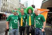 17 September 2011; Ireland supporters, from left, Niall McCrudden, from Coolock, Dublin, Paul Corbett, from Ballinlough, Cork, Neil Hill, from Clondalkin, Dublin and Brian Healy, from Blarney, Co. Cork, in Auckland before the game. 2011 Rugby World Cup, Pool C, Australia v Ireland, Eden Park, Auckland, New Zealand. Picture credit: Brendan Moran / SPORTSFILE