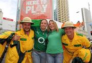 17 September 2011; Ireland supporters Sarah, 2nd from left, and Kate O'Connell, from Tralee, Co. Kerry, with Australia supporters Andrew Cork, left, and Paul Malanchuk, from Newcastle, Australia, in Auckland before heading to the game. 2011 Rugby World Cup, Pool C, Australia v Ireland, Eden Park, Auckland, New Zealand. Picture credit: Brendan Moran / SPORTSFILE