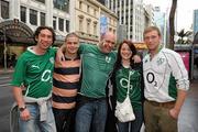 17 September 2011; Ireland supporters, from left, Cormac Vaughan, from Cork, Anto Swaine, from Dublin, Lee Murphy, Dublin, Roslyn Murphy, Dublin, and Ross Nolan, Dublin, in Auckland before the game. 2011 Rugby World Cup, Pool C, Australia v Ireland, Eden Park, Auckland, New Zealand. Picture credit: Brendan Moran / SPORTSFILE