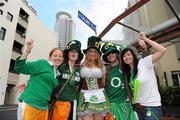 17 September 2011; Ireland supporters, from left, Fiona Mitchell, from Aughrim, Co. Wicklow, Ruth Comer, from Portlaoise, Co. Laois, Leanne Hynes, from Kiltullah, Co. Galway, Niall Noone, from Kilconnell, Co. Galway and Laura Ronan, from Dublin, in Auckland before the game. 2011 Rugby World Cup, Pool C, Australia v Ireland, Eden Park, Auckland, New Zealand. Picture credit: Brendan Moran / SPORTSFILE
