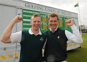 17 September 2011; Portmarnock Golf Club, Co. Dublin, members Michael Brett, left, and James Fox celebrate after winning the Senior Cup Final against Warrenpoint Golf Club, Co. Down. Chartis Cups and Shields Finals 2011, Castlerock Golf Club, Co. Derry. Picture credit: Oliver McVeigh/ SPORTSFILE