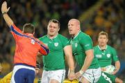 17 September 2011; Ireland's Cian Healy and Paul O'Connell react to a decision by referee Bryce Lawrence. 2011 Rugby World Cup, Pool C, Australia v Ireland, Eden Park, Auckland, New Zealand. Picture credit: Brendan Moran / SPORTSFILE