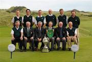 17 September 2011: Portmarnock Golf Club, winners of the Irish Senior Cup 2011 at the Chartis All-Ireland Cups and Shields 2011 at Castlerock Golf Club. Back row, left to right, John Greene, Geoff Lenehan, Michael Brett, Colin Cassidy, David Kelleher and James Fox. Front row, left to right, Brendan Cashell, team captain, Eugene Fayne, President Golfing Union of Ireland, Simon Russell, Chartis David Fleury, club captain, Vincent McGuigan, captain, Castlerock Golf Club, Niall Goulding. Chartis Cups and Shields Finals 2011, Castlerock Golf Club, Co. Derry. Picture credit: Oliver McVeigh/ SPORTSFILE