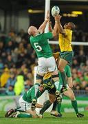 17 September 2011; Paul O'Connell, Ireland, contests a high ball with Will Genia, Australia. 2011 Rugby World Cup, Pool C, Australia v Ireland, Eden Park, Auckland, New Zealand. Picture credit: Brendan Moran / SPORTSFILE