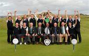 17 September 2011: Claremorris Golf Club, Co. Mayo, winners of the Jimmy Bruen Shield 2011 at the Chartis All-Ireland Cups and Shields 2011. Back row, from left to right, David Burke, Anthony Hennelly, Dick Horan, Shane McGagh, Stephen Burke, Damien Burke, Michael Conway, Eddie Killeen, Tom Fanning and Keith Harte. Front row, from left to right, Martin Higgins, Ger Noone, team captain, Eugene Fayne, President Golfing Union of Ireland, Simon Russell, Chartis Insurance Ireland, James Prendergast, club captain, Vincent McGuigan, captain, Castlerock Golf Club, Michael Connaughton, Chairman Connacht Branch Golfing Union of Ireland, and Niall Crosby. Chartis Cups and Shields Finals 2011, Castlerock Golf Club, Co. Derry. Picture credit: Oliver McVeigh/ SPORTSFILE