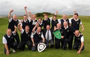 17 September 2011; Claremorris Golf Club, Co. Mayo, members, back row, from left to right, Anthony Hennelly, Keith Harte, Richard Horan, Stephen Burke, Shane McGath, David Burke, Michael Conway and Damien Burke, front row, from left to right, Tom Fenning, Niall Crosby, Ger Noone, team captain, James Predergast, club captain, Des Griffith, Martin Higgins and Eddie Killen, celebrate after winning the Jimmy Bruen Shield Final against Forrest Little Golf Club, Co. Dublin. Chartis Cups and Shields Finals 2011, Castlerock Golf Club, Co. Derry. Picture credit: Oliver McVeigh/ SPORTSFILE