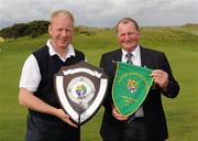 17 September 2011; Ger Noone, team captain of Claremorris Golf Club, Co. Mayo, left, and James Prendergast, club captain, celebrate after the Jimmy Bruen Shield Final. Chartis Cups and Shields Finals 2011, Castlerock Golf Club, Co. Derry. Picture credit: Oliver McVeigh/ SPORTSFILE