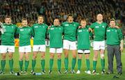17 September 2011; Ireland players, from left, Mike Ross, Gordon D'Arcy, Tommy Bowe, Rory Best, Donncha O'Callaghan, Keith Earls, Paul O'Connell and captain Brian O'Driscoll sing Ireland's Call. 2011 Rugby World Cup, Pool C, Australia v Ireland, Eden Park, Auckland, New Zealand. Picture credit: Brendan Moran / SPORTSFILE