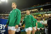 17 September 2011; Ireland players Tommy Bowe and Gordon D'Arcy walk onto the pitch before the game. 2011 Rugby World Cup, Pool C, Australia v Ireland, Eden Park, Auckland, New Zealand. Picture credit: Brendan Moran / SPORTSFILE