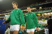 17 September 2011; Ireland players Donncha O'Callaghan and Jonathan Sexton walk onto the pitch before the game. 2011 Rugby World Cup, Pool C, Australia v Ireland, Eden Park, Auckland, New Zealand. Picture credit: Brendan Moran / SPORTSFILE