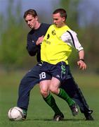 15 April 2002; David Connolly in action against team-mate Colin Healy during a Republic of Ireland training session at the AUL Grounds in Clonshaugh, Dublin. Photo by Damien Eagers/Sportsfile