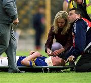 14 April 2002; Eamonn Corcoran of Tipperary is attended to by medical staff before being stretchered off during the Allianz National Hurling League Quarter-Final match between Galway and Tipperary at Semple Stadium in Thurles, Tipperary. Photo by Brendan Moran/Sportsfile