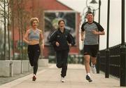 16 April 2002; Irish athlete Catherina McKiernan pictured with runners Lucy Moloney, left, and Dean Fitzgerald, at the launch of the 2002 Adidas Dublin City Marathon, which takes place on October 28th next. Photo by Brendan Moran/Sportsfile
