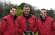 18 April 2002; Irish golfers, from left, Padraig Harrington, Darren Clarke and Paul McGinley who will play on the British and Irish team during the Seve Trophy at Druids Glen in Wicklow. Photo by Matt Browne/Sportsfile