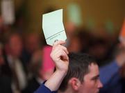13 April 2002; GAA delegates vote on day two of the GAA Annual Congress at the Burlington Hotel in Dublin. Photo by Ray McManus/Sportsfile