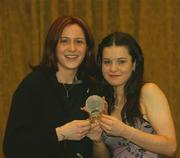 19 April 2002; Grainne Dwyer of Presentation Thurles, winner of the Senior Schoolgirl Player of the Year and Andrina Carmody of Presentation Listowel, right, winner of the Junior Schoolgirl Player of the Year at the ESB Irish Basketball Awards at the Shelbourne Hotel in Dublin. Photo by Brendan Moran/Sportsfile
