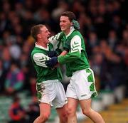 21 April 2002; Kieran Cronin of Coláiste na Sceilge celebrates scoring a goal with his team-mate Jer O'Shea during the Post Primary Schools Hogan Cup Senior A Football Championship Semi-Final Replay match between St Jarlath's College and Coláiste na Sceilge at the Gaelic Grounds in Limerick. Photo by Damien Eagers/Sportsfile