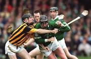 21 April 2002; Brian Begley of Limerick in action against Noel Hickey of Kilkenny during the Allianz National Hurling League Semi-Final match between Kilkenny and Limerick at Gaelic Grounds in Limerick. Photo by Damien Eagers/Sportsfile